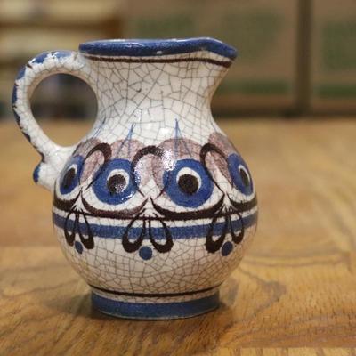70s 80s Austrian Gmunden Handarbeit CRACKLE GLAZE Pottery CREAMER Folk Art White Blue and Burgundy