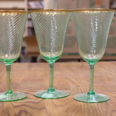 Green Tiffin Glass with gold trim set of 3