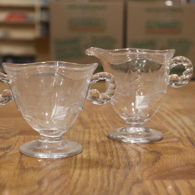 Fostoria Glass Cynthia Etched Coronet Creamer & Sugar Set
