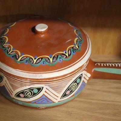 Vintage Mexican Tlaquepaque Hand Painted Handled Pot Red Clay Pottery Rustic