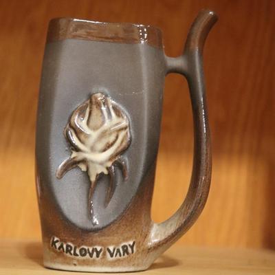 KARLOVY VARY Mineral/ Spring Water Cup Vintage Stoneware Style Brown, White Rose