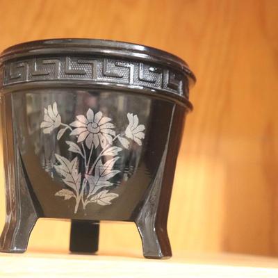 Vintage Jardiniere LE Smith Amethyst Black Glass Footed Greek Key Vase Silver