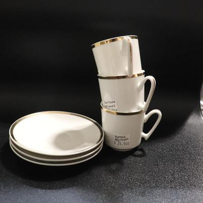 6 piece Demitasse white saucers and tea cups with gold rim