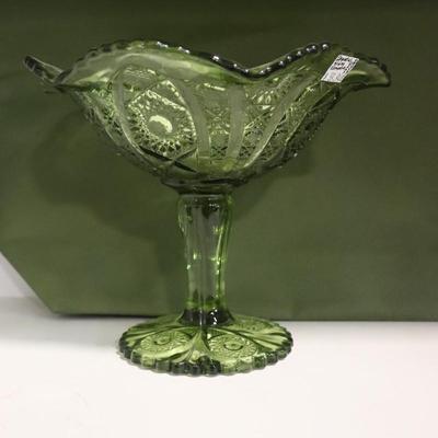 Vintage Imperial Daisy and Button Tall Crimped Green Compote,