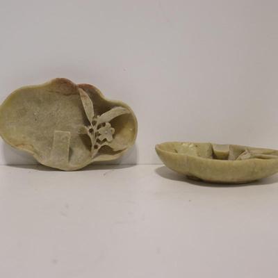 Pair of Vtg Soapstone Trinket Tray or Display Piece Carved Peach Branch