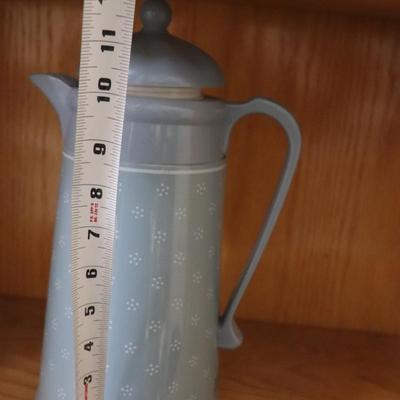 Vintage AK Das Blue Thermal Coffee Carafe Thermos Polka Dot Cluster Flowers MCM
