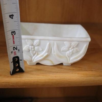 VINTAGE AKRO AGATE GREEN WHITE SLAG GLASS PLANTER FLORAL DAFFODIL PATTERN