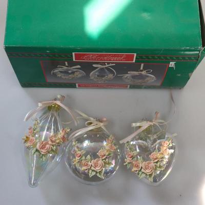 Vintage Set Of 3 Victorian Style Christmas Ornaments Applied Floral