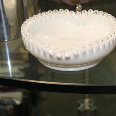 Vintage Fenton Milk Glass Clear Edge Ruffled Heart Shaped Candy Dish Bowl 8 by 6