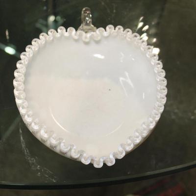 Vintage Fenton Milk Glass Clear Edge Ruffled Heart Shaped Candy Dish Bowl 8 by 6