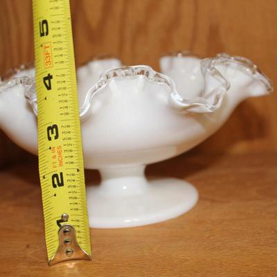 Fenton White Milk Glass Silver Crest Ruffle Clear Edge Footed Bowl