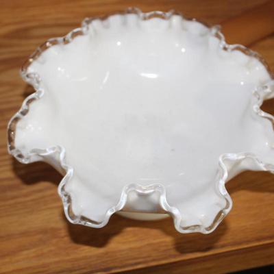 Fenton White Milk Glass Silver Crest Ruffle Clear Edge Footed Bowl