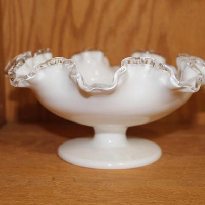 Fenton White Milk Glass Silver Crest Ruffle Clear Edge Footed Bowl