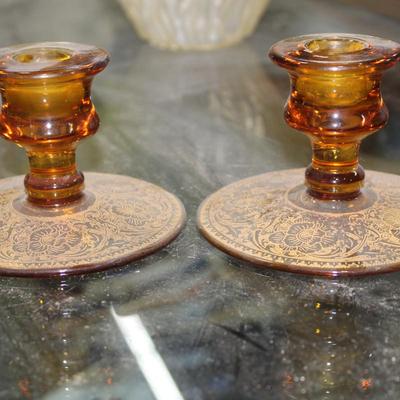 Vintage Fostoria Amber Glass Candlestick Holder Set Of Two, Depression Glass, Fostoria Glass Co Royal Etched Amber