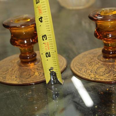 Vintage Fostoria Amber Glass Candlestick Holder Set Of Two, Depression Glass, Fostoria Glass Co Royal Etched Amber