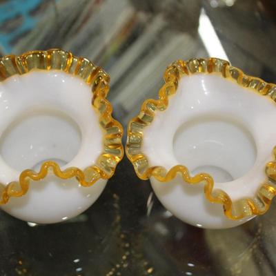 Fenton Gold Crest Double Crimped Vase Pair