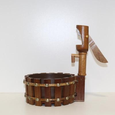 Vintage Wooden Wishing Well Nut Cracker And Nut Bowl with Tools