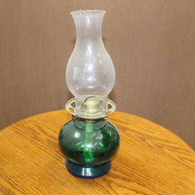 Oil Lamp Green Glass Base Clear Chimney Shade 15” Tall Risdon MFG Vintage & Rare