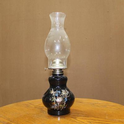 Black Glass Oil Lamp w/Clear Chimney w/White & Gold Floral Decoration Needs Wick