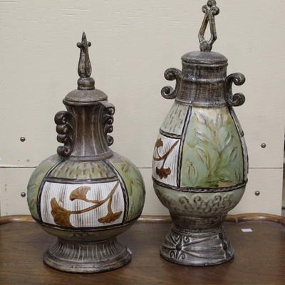 Green, brown, white, and orange french vase pair