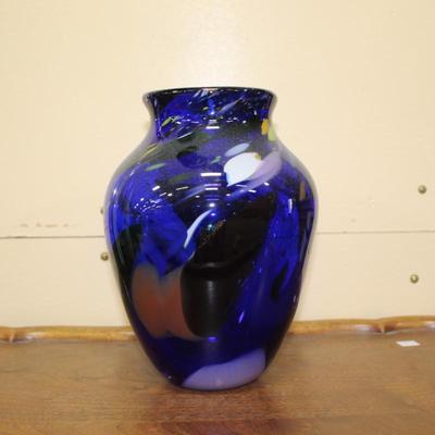 Murano Style Cased Makora Art Glass Vase Cobalt Blue Exterior White Interior