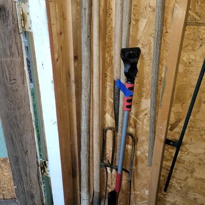3 pitchforks, 1 pitchfork handle off, walking stick and icescraper