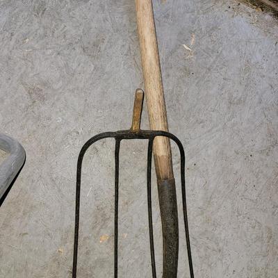 3 pitchforks, 1 pitchfork handle off, walking stick and icescraper