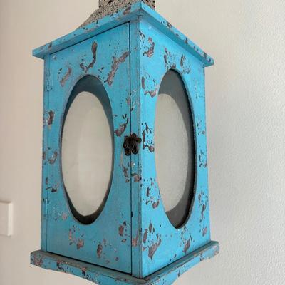 Large Teal Blue Wood & Metal Lantern Terrarium with Glass Windows