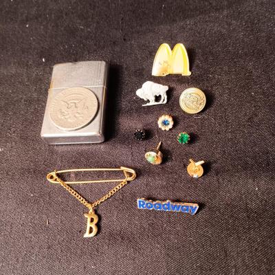 ZIPPO LIGHTER W/HALF DOLLAR, VARIOUS PINS AND TIE TACKS