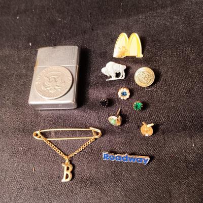 ZIPPO LIGHTER W/HALF DOLLAR, VARIOUS PINS AND TIE TACKS