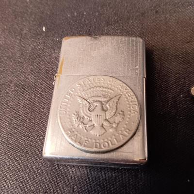 ZIPPO LIGHTER W/HALF DOLLAR, VARIOUS PINS AND TIE TACKS
