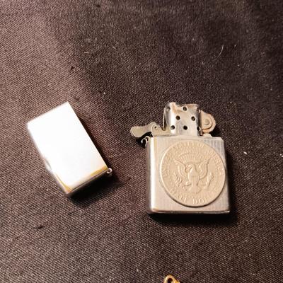 ZIPPO LIGHTER W/HALF DOLLAR, VARIOUS PINS AND TIE TACKS