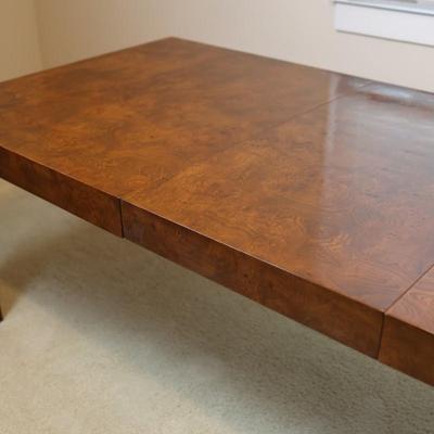 Mid Century Solid Burlwood Expanding Dining Table with 2 Leaves