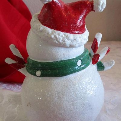 Ceramic snowman, 2 pkg ornament hooks; mini tree topper and 4 mini ornaments