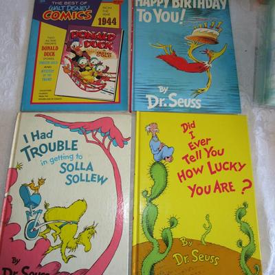 3 Dr. Seuss books; 1 Donald Duck comic book