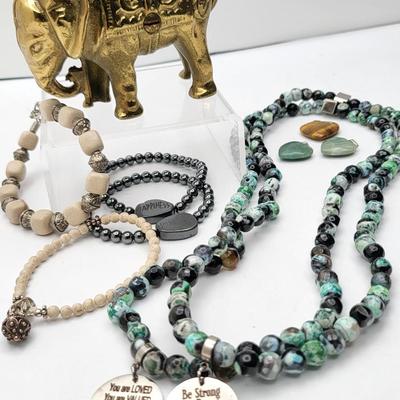 Various Stone Bracelets, Necklaces, Pendants & Brass Elephant