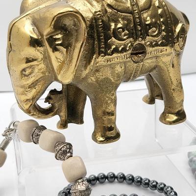 Various Stone Bracelets, Necklaces, Pendants & Brass Elephant