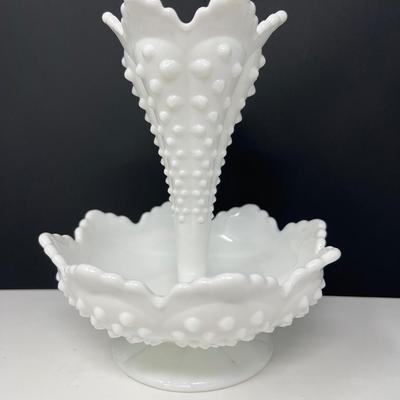 Fenton Hobnail White Milk Glass Single Horn Epergne