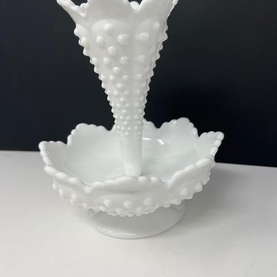Fenton Hobnail White Milk Glass Single Horn Epergne