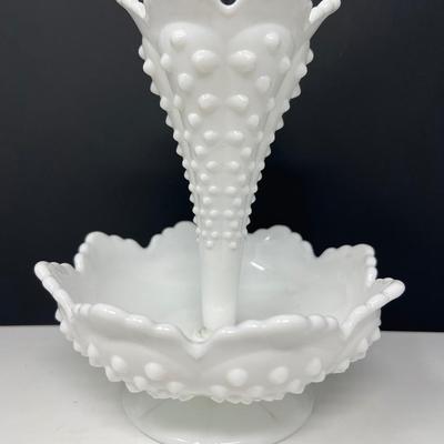 Fenton Hobnail White Milk Glass Single Horn Epergne