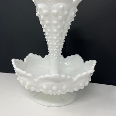 Fenton Hobnail White Milk Glass Single Horn Epergne