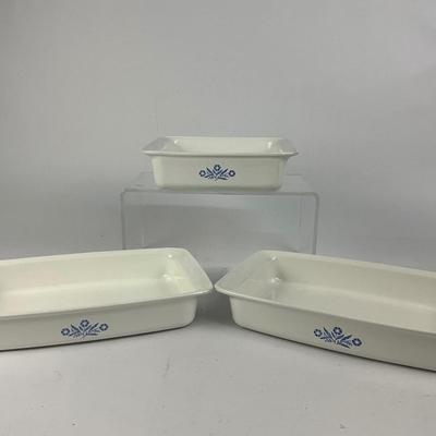 587 Three Casserole Pyrex Dishes w/ Blue Cornflower