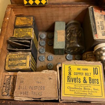 Antique Wood Box National Carpet Tacks WITH Contents