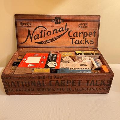 Antique Wood Box National Carpet Tacks WITH Contents