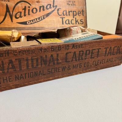 Antique Wood Box National Carpet Tacks WITH Contents