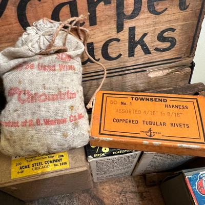 Antique Wood Box National Carpet Tacks WITH Contents