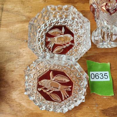 3 pieces Vintage Hofbauer Collection Ruby Red Crystal Bell, Vase, Cover Dish