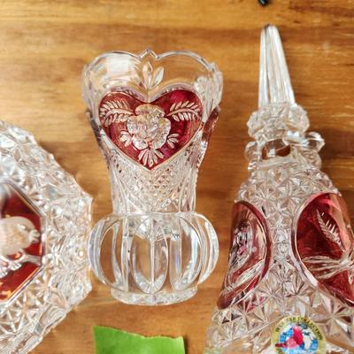 3 pieces Vintage Hofbauer Collection Ruby Red Crystal Bell, Vase, Cover Dish