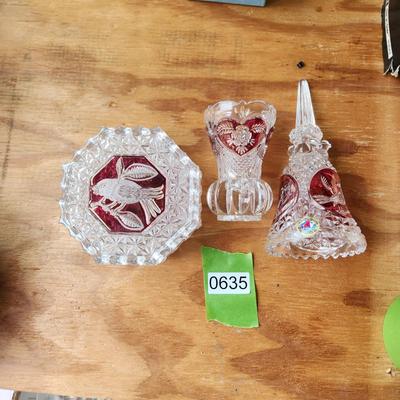 3 pieces Vintage Hofbauer Collection Ruby Red Crystal Bell, Vase, Cover Dish
