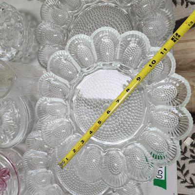 Large lot of Clear Glassware Hobnail Devil Eggs , S.H. Green Stamps , Bowls Vases